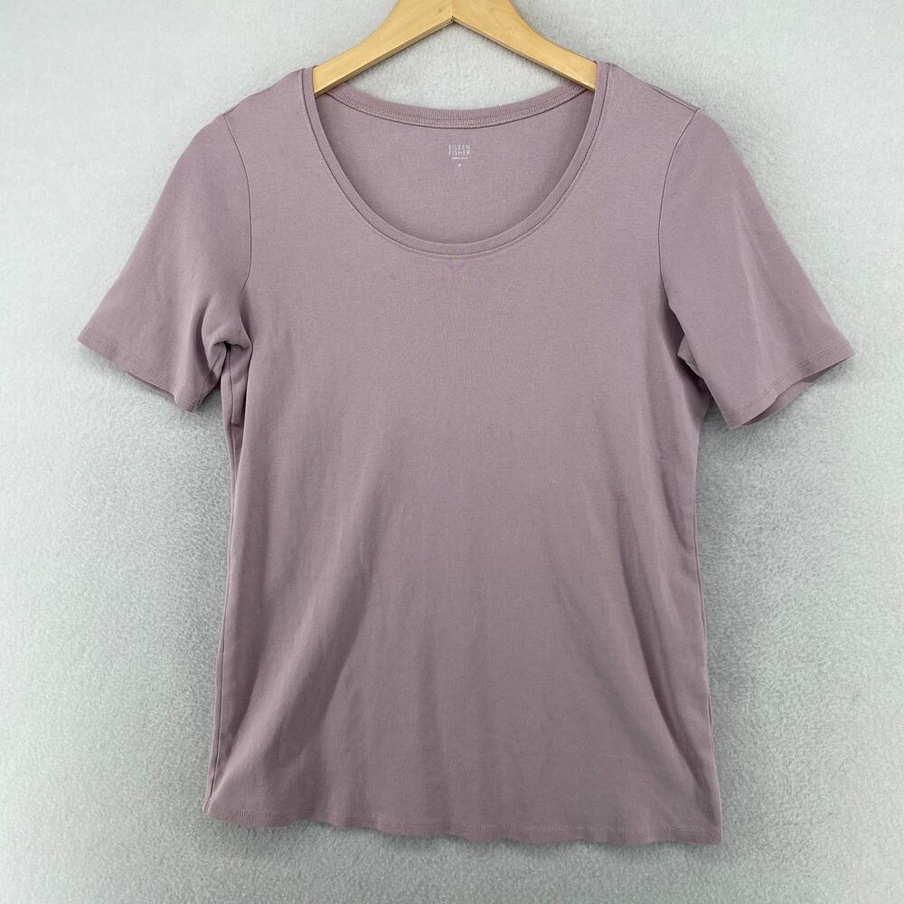 EILEEN FISHER Top M Organic Cotton Ribbed Jersey Scoop Neck Short Sleeve Purple
